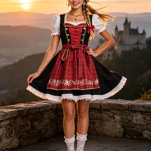 Damkläder med traditionell folkdräkt, rödrutig blombroderad kostymklänning, puff med korta ärmar och spetskant, festklänning för festival