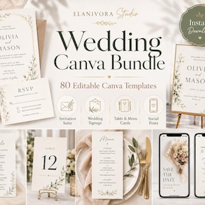 Könnte beinhalten: Ein digitales Hochzeitspapeterie-Set mit 80 bearbeitbaren Canva-Vorlagen. Das Paket enthält Einladungen, Antwortkarten, Willkommensschilder, Tischnummern, Menükarten und Social-Media-Beiträge, die alle mit einem zarten grünen Blattmotiv verziert sind.