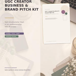 May include: A digital UGC Creator Business & Brand Pitch Kit document featuring text, a planner, pitch, Canva, and campaign tracker labels. The document includes a title, circular graphic elements, and professional layout design for business use.