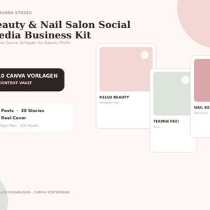 Könnte beinhalten: Ein digitales Social-Media-Business-Kit für Beauty- und Nagelstudios mit 110 Canva-Vorlagen, darunter 60 Posts, 30 Stories und 20 Reel-Cover. Die Grafik enthält den Text Beauty & Nail Salon Social Media Business Kit sowie 110 CANVA VORLAGEN.