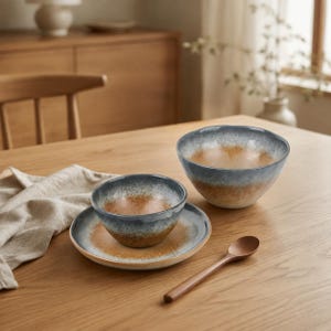 Può includere: Un set di stoviglie in ceramica composto da una ciotola grande, una ciotola più piccola su un piatto abbinato e un cucchiaio di legno. I pezzi presentano una finitura smaltata reattiva con una sfumatura dai bordi blu-grigi a un centro beige.