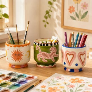 May include: Three ceramic cylindrical containers used as pen or brush holders. The left one is cream with an orange sun and yellow moons. The center one is green with a pink tiger. The right one is cream with pink hearts and blue dots.