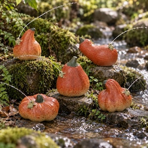 May include: Five orange pumpkin-shaped garden fountains, each featuring a small green frog perched on the side. Each frog acts as a water spout, spraying a thin stream of water into the air. The pumpkins have dark green stems and textured surfaces.