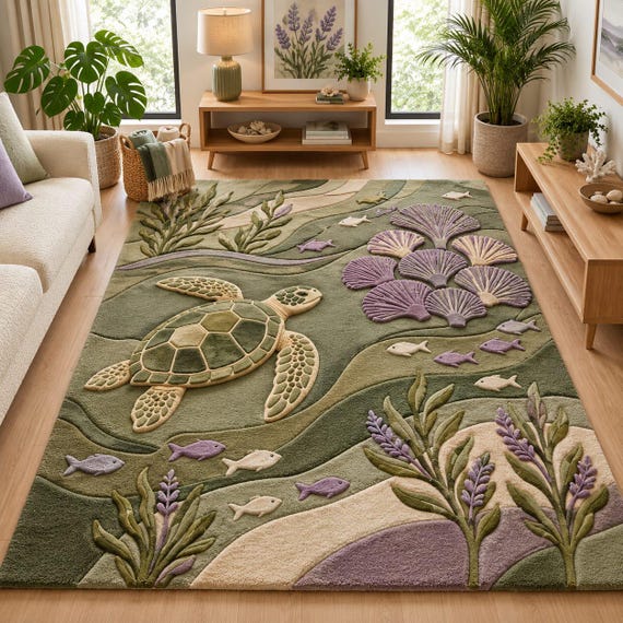 Hand Tufted Ocean Rug, Sea Turtle Area Rug, Coastal Underwater Rug, Green Lavender Wool Rug, Beach House Living Room Rug