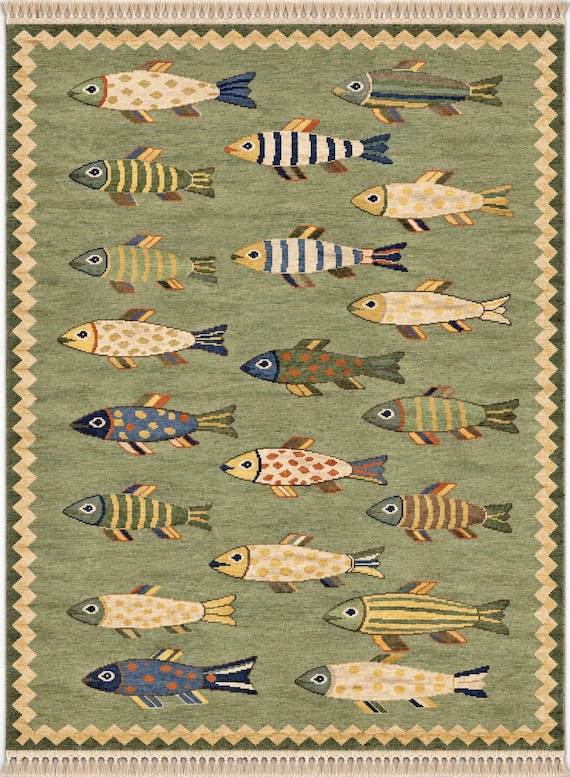 Hand Knotted Fish Rug, Sage Green Wool Rug, Coastal Area Rug, Handmade Fish Pattern Rug, Boho Living Room Bedroom Rug, Nursery Decor