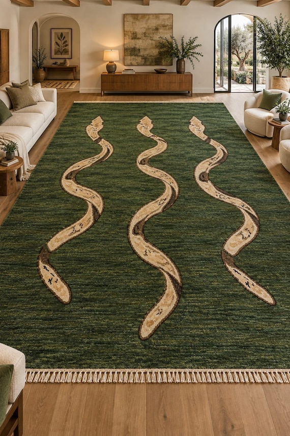 Oversized Green Rug Large Area Rug Snake Runner Rug Handmade Wool Rug Hand Knotted Rug Statement Bedroom Rug Custom Size Rug
