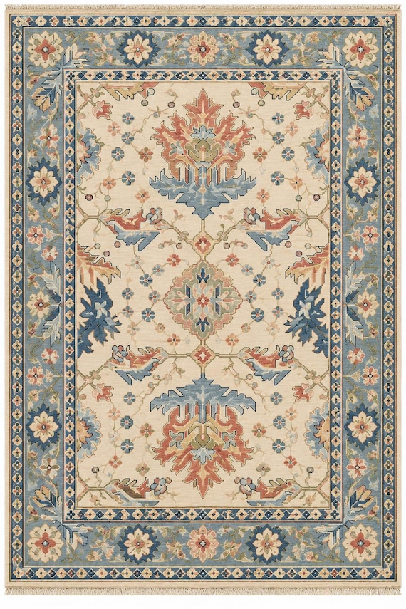 Hand Knotted Wool Rug, Vintage Floral Area Rug, Ivory Blue Rug, Handmade Living Room Rug, Bedroom Rug, Traditional Home Decor