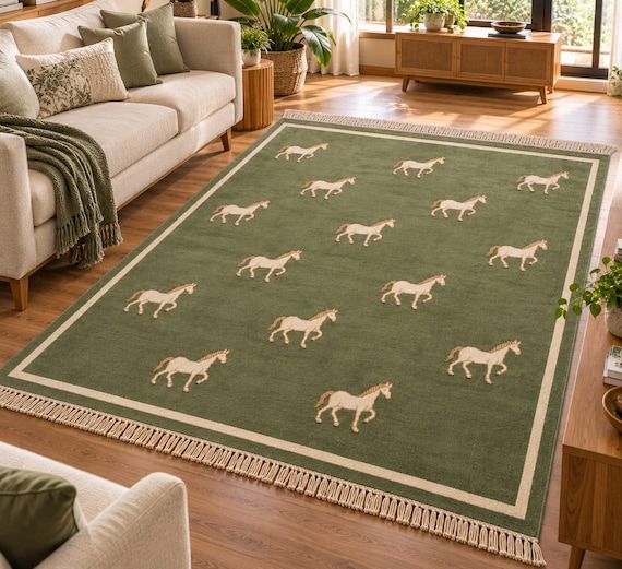 Hand Knotted Horse Rug, Blue Wool Area Rug, Equestrian Horse Decor, Handmade Living Room Rug, Bedroom Rug, Custom Wool Carpet