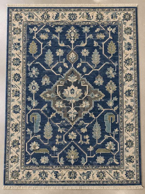 Hand Knotted Blue Floral Rug, Navy Geometric Area Rug, Vintage Style Bedroom Living Room Rug