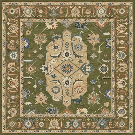 Olive Green Hand Knotted Wool Rug, Floral Area Rug, Handmade Living Room Carpet