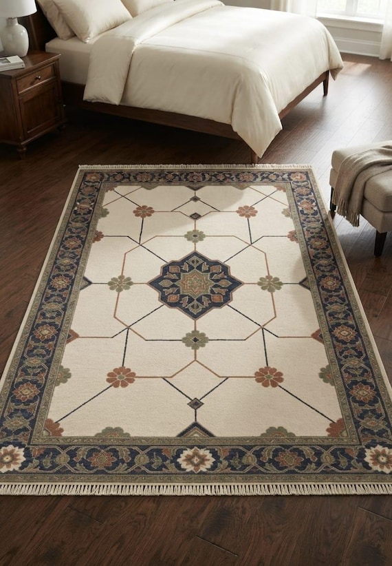 Hand Knotted Wool Rug, Vintage Floral Area Rug, Handmade Geometric Rug, Traditional Runner, Boho Home Decor, Bedroom Living Room Rug