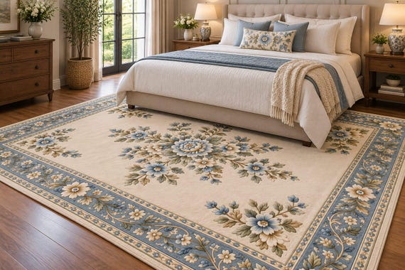 Hand Tufted Floral Rug, Blue Cream Area Rug, Botanical Flower Rug, Handmade Wool Rug, Elegant Living Room Rug, Bedroom Farmhouse Decor