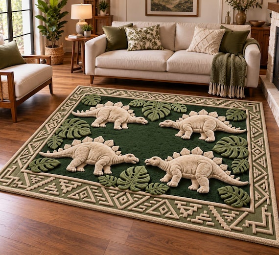 Hand Tufted Dinosaur Rug, Green Kids Area Rug, Stegosaurus Nursery Rug, Dinosaur Playroom Rug, Handmade Wool Rug