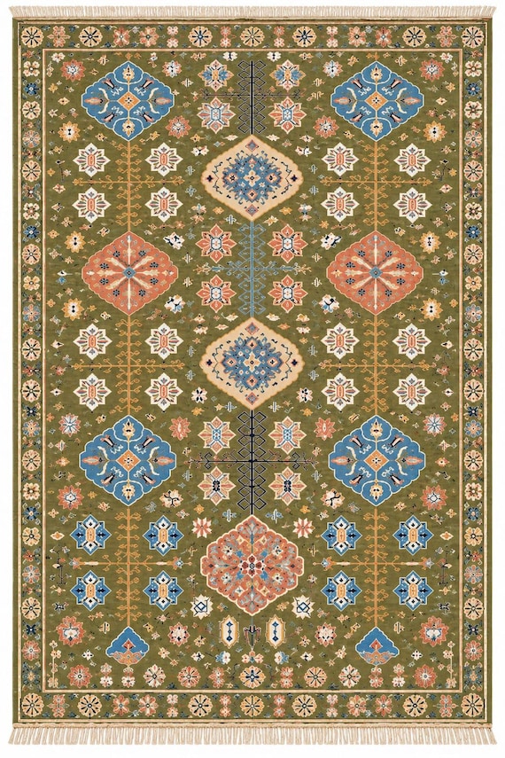 Handmade Wool Area Rug, Vintage Floral Rug, Olive Green Rug, Boho Bedroom Rug, Living Room Carpet, Large Decorative Rug, Custom Size