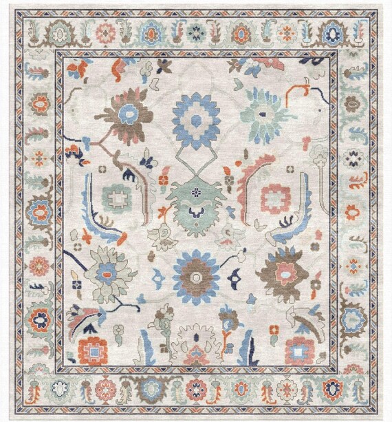 Floral Area Rug Handmade Wool Rug Vintage Style Blue Cream Rug Boho Bedroom Rug Living Room Rug