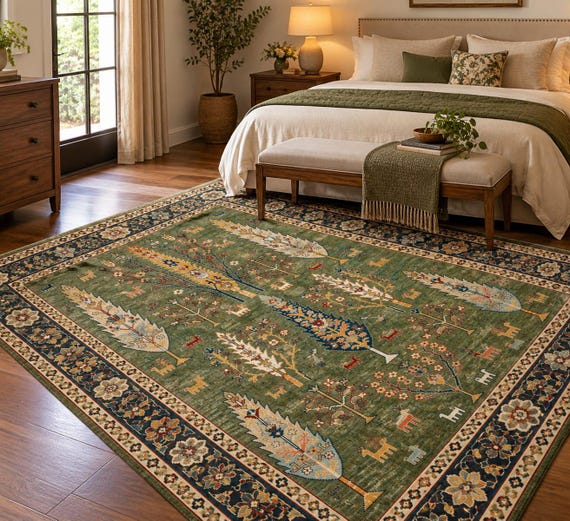 Green Tree of Life Rug, Handmade Wool Area Rug, Boho Farmhouse Rug, Botanical Animal Rug, Floral Living Room Rug, Bedroom Decor