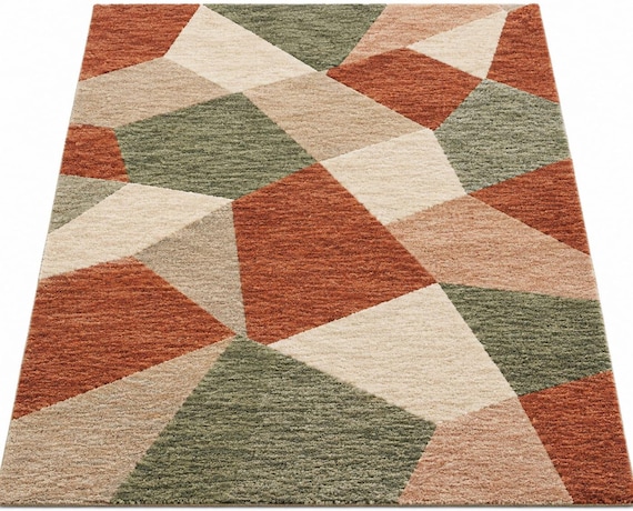 Geometric Tufted Rug, Handmade Wool Area Rug, Modern Abstract Carpet, Boho Living Room Rug, Bedroom Floor Rug, Contemporary Home Decor
