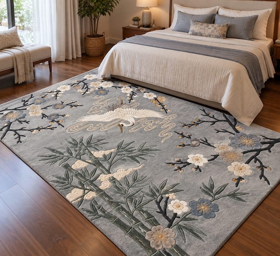 Silver Gray Tufted Rug, Crane Floral Area Rug, Bamboo Rug, Bird Rug, Handmade Living Room Bedroom Rug, Asian Inspired Home Decor