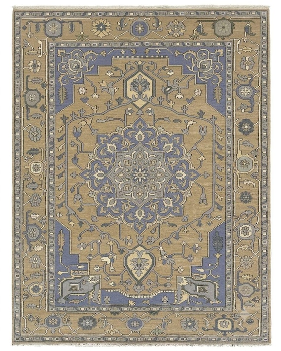 Handmade Floral Medallion Rug, Vintage Style Area Rug, Blue Beige Wool Rug, Traditional Living Room Bedroom Rug, Handmade Home Decor
