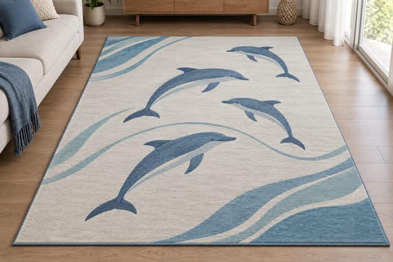 Hand tufted Dolphin Rug, Blue Coastal Wool Rug, Ocean Area Rug, Beach House Rug, Nautical Living Room Rug, Bedroom Sea Decor
