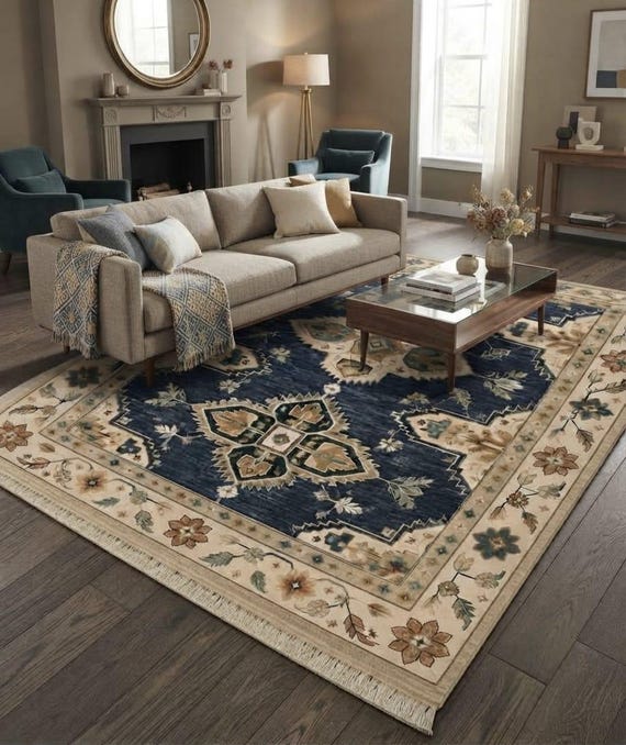 Hand Knotted Wool Rug, Blue Geometric Area Rug, Handmade Floral Rug, Vintage Style Rug, Living Room Rug, Bedroom Rug, Boho Home Decor