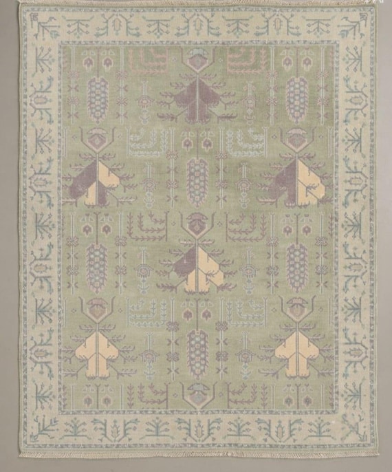 Hand Knotted Wool Rug, Sage Green Floral Rug, Vintage Area Rug, Handmade Bedroom Rug, Botanical Living Room Carpet, Boho Home Decor