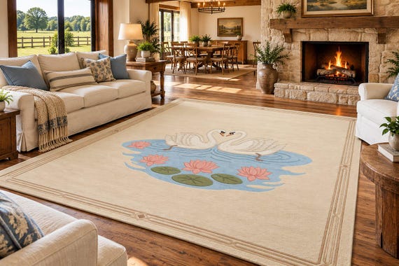 Hand Tufted Swan Rug, Handmade Wool Area Rug, Floral Water Lily Rug, Cream Blue Rug, Nature Inspired Living Room Rug, Bedroom Decor