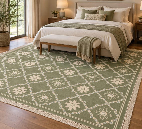 Olive Green Hand Knotted Wool Rug, Geometric Floral Area Rug, Handmade Carpet