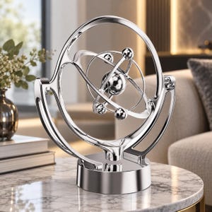 May include: A kinetic sculpture featuring a polished silver-colored metal frame with a central rotating mechanism. The device consists of concentric rings and small spheres orbiting a larger central sphere, all mounted on a circular base.
