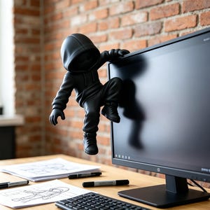 Könnte beinhalten: Eine mattschwarze Figur eines Kapuzencharakters in Sweatshirt und Jogginghose, dargestellt in einer Kletterpose, während sie den oberen Rand eines schwarzen Computermonitors greift. Die Figur hat eine glatte, solide Oberfläche.