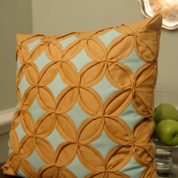 mod mustard ochre yellow aqua handmade quilted pillow 17" square