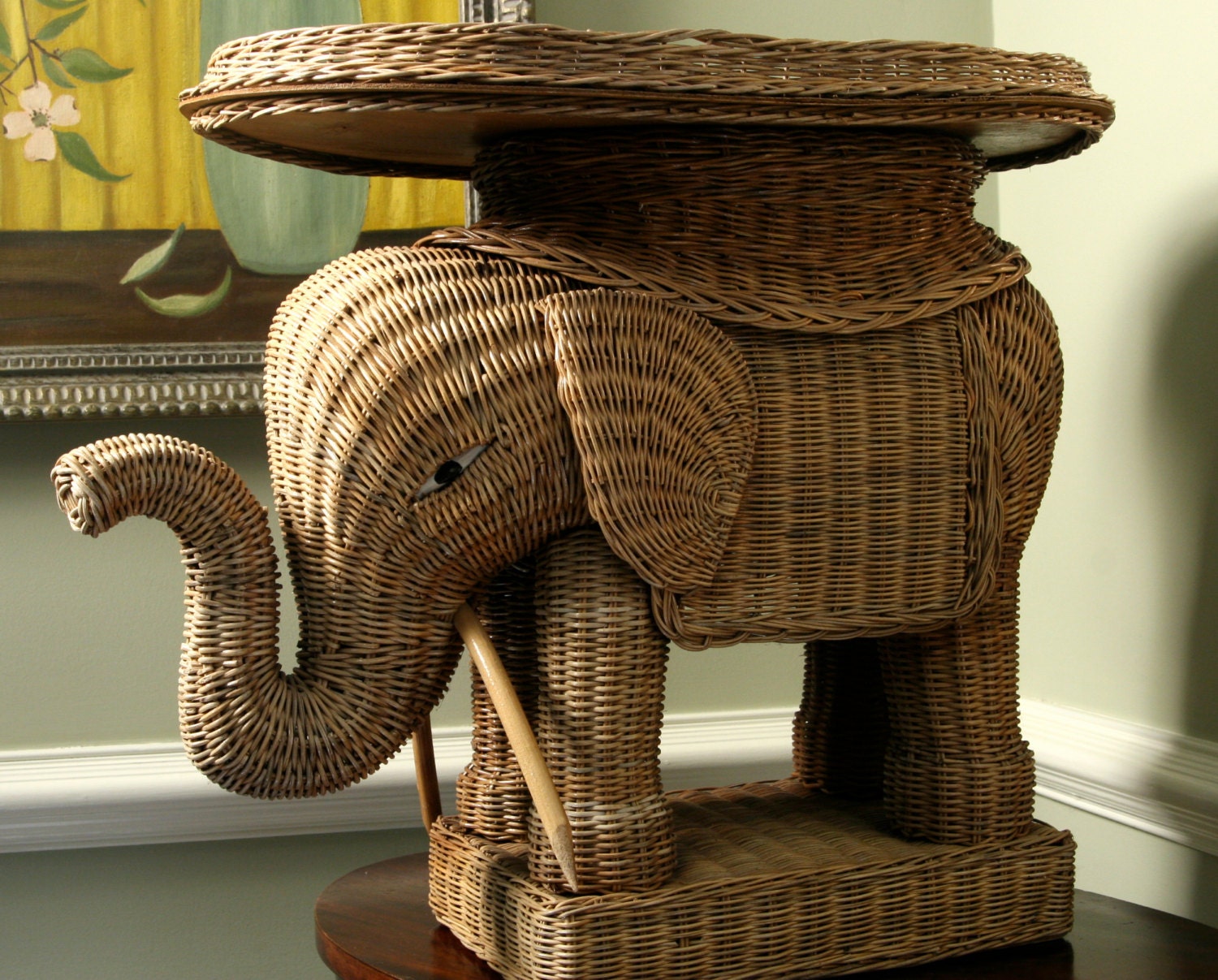 Vintage wicker rattan elephant side cocktail table Etsy