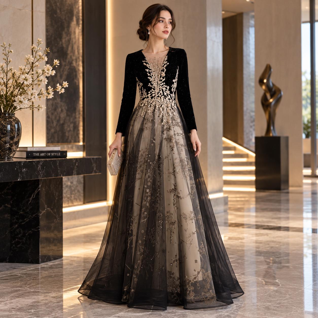 Black Gold Long Sleeve Dresses