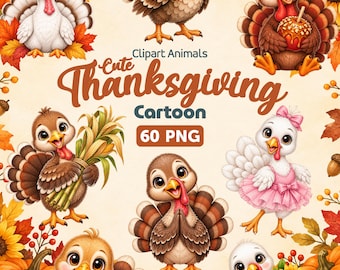 Peut inclure: Une collection d'illustrations de dindes en dessin animé avec divers personnages, dont des dindes avec des citrouilles, des tournesols, du maïs et un tutu rose. Le texte indique Clipart Animals Cute Thanksgiving Cartoon 60 PNG, entouré de feuilles d'automne.