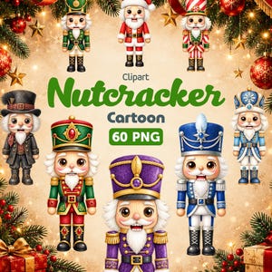 May include: A collection of cartoon nutcracker figures in various colours including green, red, blue, and purple, featuring detailed uniforms, hats, and white beards. The text reads Clipart Nutcracker Cartoon 60 PNG against a festive background.