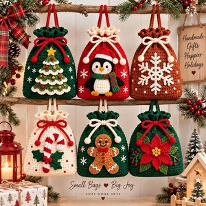 May include: Six crocheted drawstring gift bags featuring holiday designs: a green bag with a Christmas tree, a red bag with a penguin, a brown bag with a snowflake, a white bag with a candy cane, a green bag with a gingerbread man, and a green bag with a poinsettia.