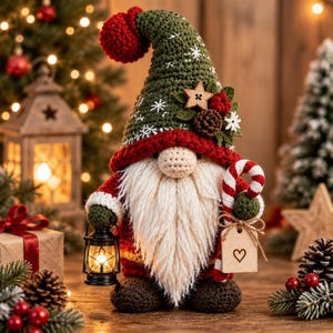 May include: A crocheted gnome figurine featuring a tall green hat with white snowflake embroidery, a red pom-pom, and a red brim. The gnome has a long white beard, a beige nose, and holds a small black lantern and a red-and-white candy cane.