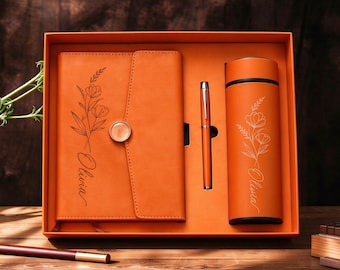 Set regalo personalizzato con quaderno e borraccia, diario in pelle con fiore di nascita personalizzato, quaderno con nome inciso e penna, regalo di fine anno.
