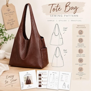 Pode incluir: Uma bolsa tote castanha com bolso lateral e alças longas. A imagem inclui um kit de molde de costura com padrão em PDF, modelos imprimíveis para US Letter e A4, instruções passo a passo e uma tabela com as medidas finais do produto.