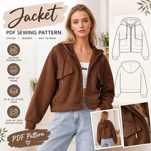 Pode incluir: Uma jaqueta marrom com zíper e capuz, mangas compridas, cordão no capuz e dois bolsos frontais com aba. A imagem inclui o texto Jacket PDF SEWING PATTERN, STYLISH, MODERN, EASY TO MAKE, PDF, INSTANT DOWNLOAD, PRINT AT HOME.