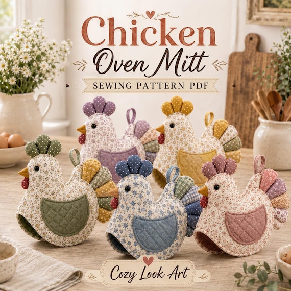 Chicken Oven Mitt Pattern PDF | Chicken Potholder Sewing Pattern | Quilted Hot Pad | Farmhouse Kitchen Decor | Instant Digital Download