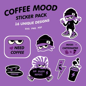 以下が含まれることがあります： COFFEE MOOD STICKER PACK 16 UNIQUE DESIGNS SVG PNG PDFというタイトルのデジタルステッカーパック。紫と黒の漫画のキャラクター、コーヒー豆、稲妻、コーヒーカップが描かれており、NEED COFFEEやSIP. ENJOY. REPEAT.といったテキストが含まれています。