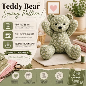 Puede incluir: Un oso de peluche hecho de tela verde salvia con un patrón floral de margaritas blancas, con ojos de botón negros y nariz negra. La imagen incluye el texto: Teddy Bear Sewing Pattern, PDF Pattern, Full Sewing Guide, Instant Download.