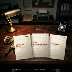 Puede incluir: Tres documentos de archivo de color blanco roto titulados Vintage Zero, The Restoration y Levante, con texto en rojo y códigos de barras, dispuestos sobre un escritorio de madera oscura con una lámpara de latón, una máquina de escribir y un teléfono.