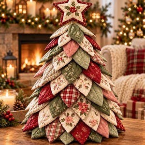 Puede incluir: Un árbol de Navidad decorativo de sobremesa construido con hojas de tela acolchadas en capas en tonos rojo, verde y crema. Las hojas presentan varios patrones, incluyendo flores de pascua, cuadros y detalles dorados, rematado con una estrella.