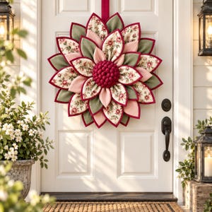 May include: A decorative fabric flower wreath featuring layered petals in sage green, soft pink, and a cream floral print. The center consists of a cluster of deep red fabric spheres. The wreath is hung on a white door with a dark red ribbon.
