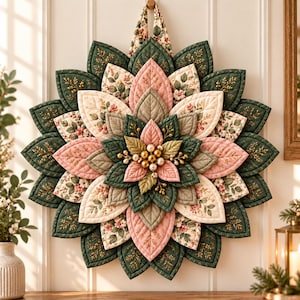 May include: A circular fabric wall hanging shaped like a large flower with layered, quilted petals in shades of dark green, soft pink, and cream with floral patterns. The center features a cluster of small gold and white spherical ornaments.