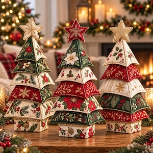 May include: Three decorative fabric Christmas trees featuring layered, triangular segments in red, green, and cream. Each tree is topped with a star and decorated with embroidered poinsettias, holly leaves, berries, and gold snowflake patterns.