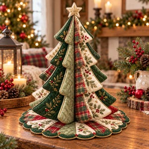 May include: A quilted fabric Christmas tree decoration featuring alternating panels of dark green, light green, and red plaid fabric with embroidered holly and berry motifs, topped with a padded fabric star and a scalloped base.