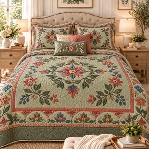 Op de afbeelding: Een saliegroene sprei met een centraal bloemenmedaillonpatroon in koraal, blauw en donkergroen. De set bevat twee bijpassende kussenslopen, een rechthoekig sierkussen met bloemenborduursel en een effen koraalkleurig vierkant kussen.